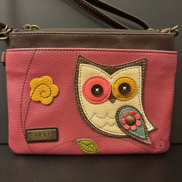 Chala Handbags - Chala Pink Owl Applique Crossbody Purse With Leather Accents & Adjustable Strap